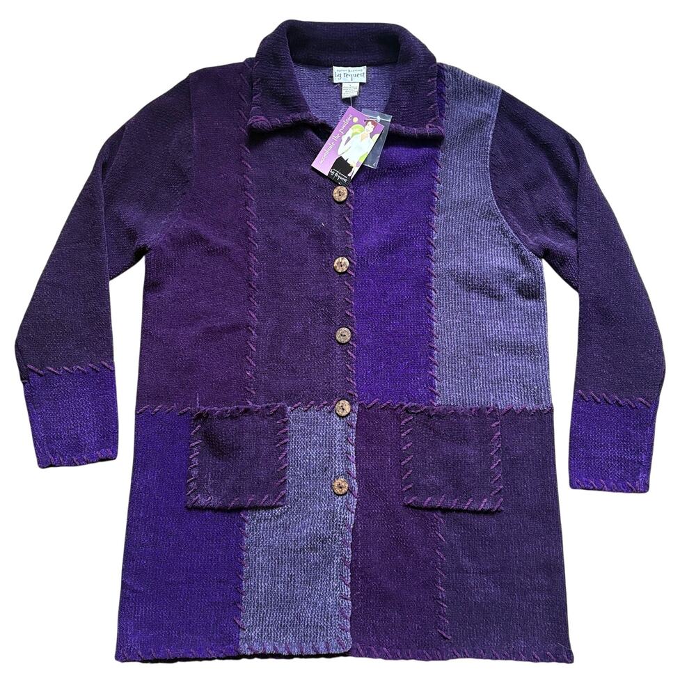 NWT Kathy Levine by Request Purple Patchwork Button Down Sweater Pockets BOHO L
